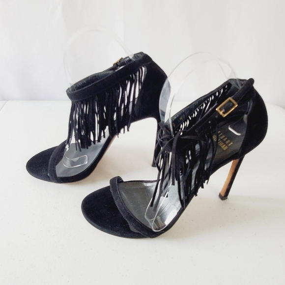 Stuart Weitzman Suede Love Fringe Sandal Size 9 Ankle Strap Black Stiletto Heel - Picture 1 of 16